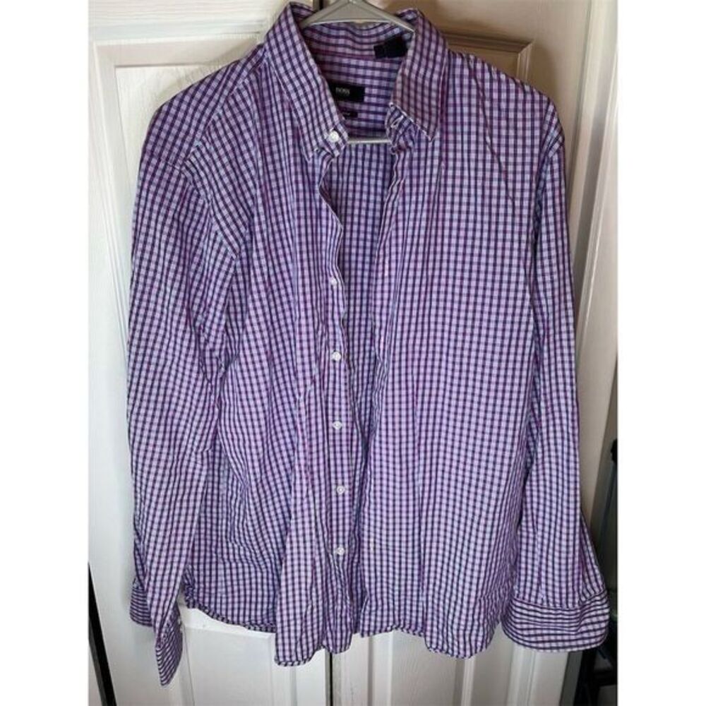 Hugo Boss Men's Long Sleeve Checkered Dress Shirt Purple/White Size 16